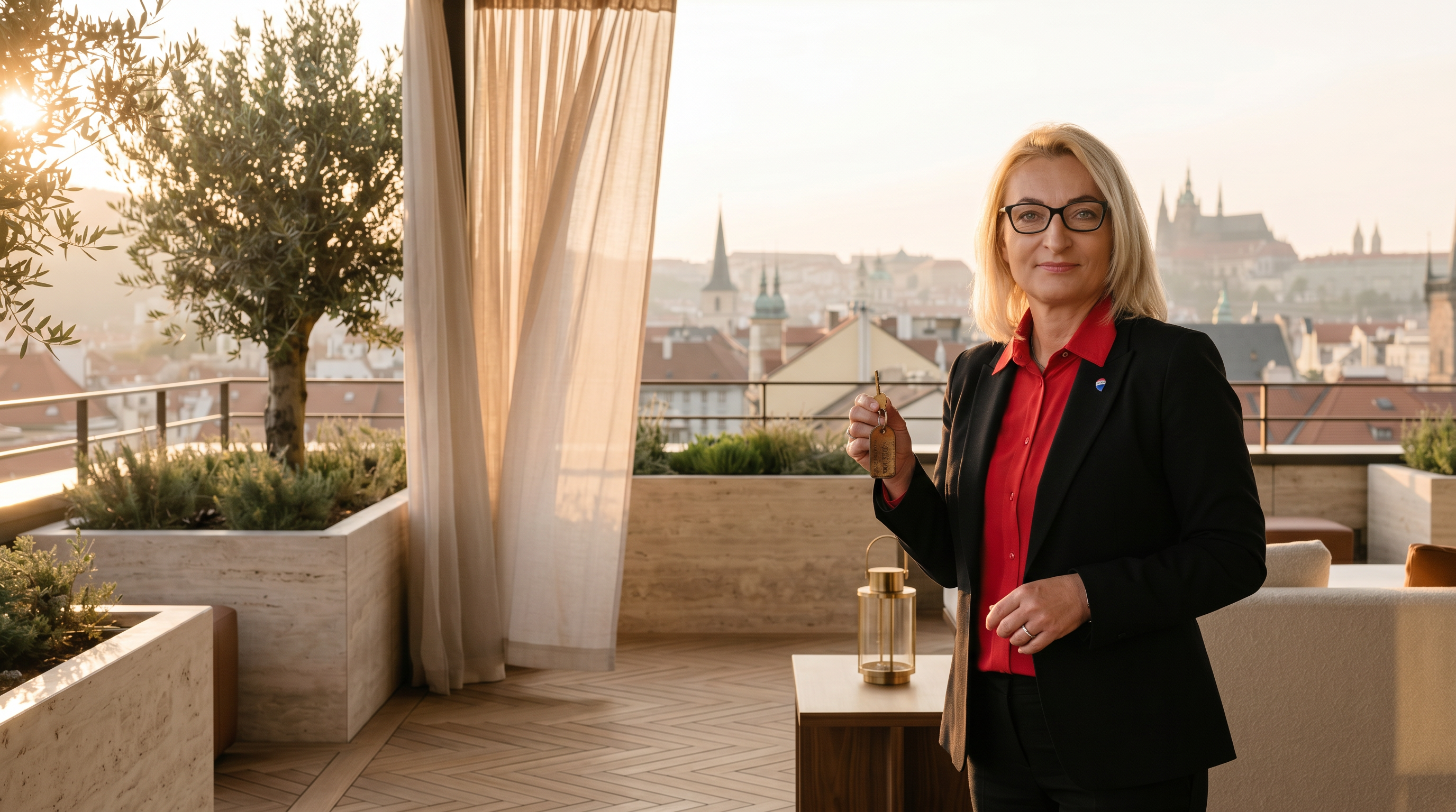 Ing. Dita Martínková na pražské střešní terase s klíči — realitní makléřka, RE/MAX Diamond Praha